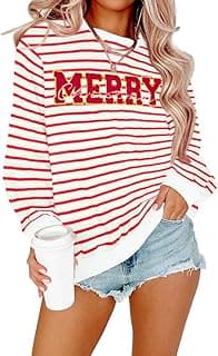 KIDDAD Christmas Sweatshirts for Women Glitter Patch Merry Christmas Letter Print Sweater Embroidered Striped Pullover Tops