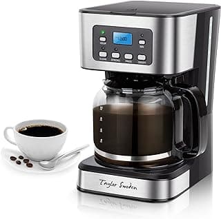 Taylor Swoden 12-Cup Programmable Coffee Maker, Regular & Strong Brew Drip Coffee Machine for Home and Office, Glass Carafe, Pause & Serve, Auto Shut Off, Black & Stainless Steel