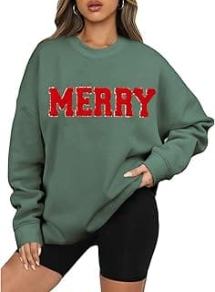 BOUTIKOME Merry Christmas Sweatshirts for Women Glitter Patch Merry Letter Shirts Chenille Patch Oversized Pullover Tops